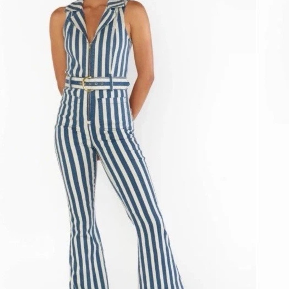 show me your mumu Striped Blue and White jacksonville Jumpsuit MISSING BELT
